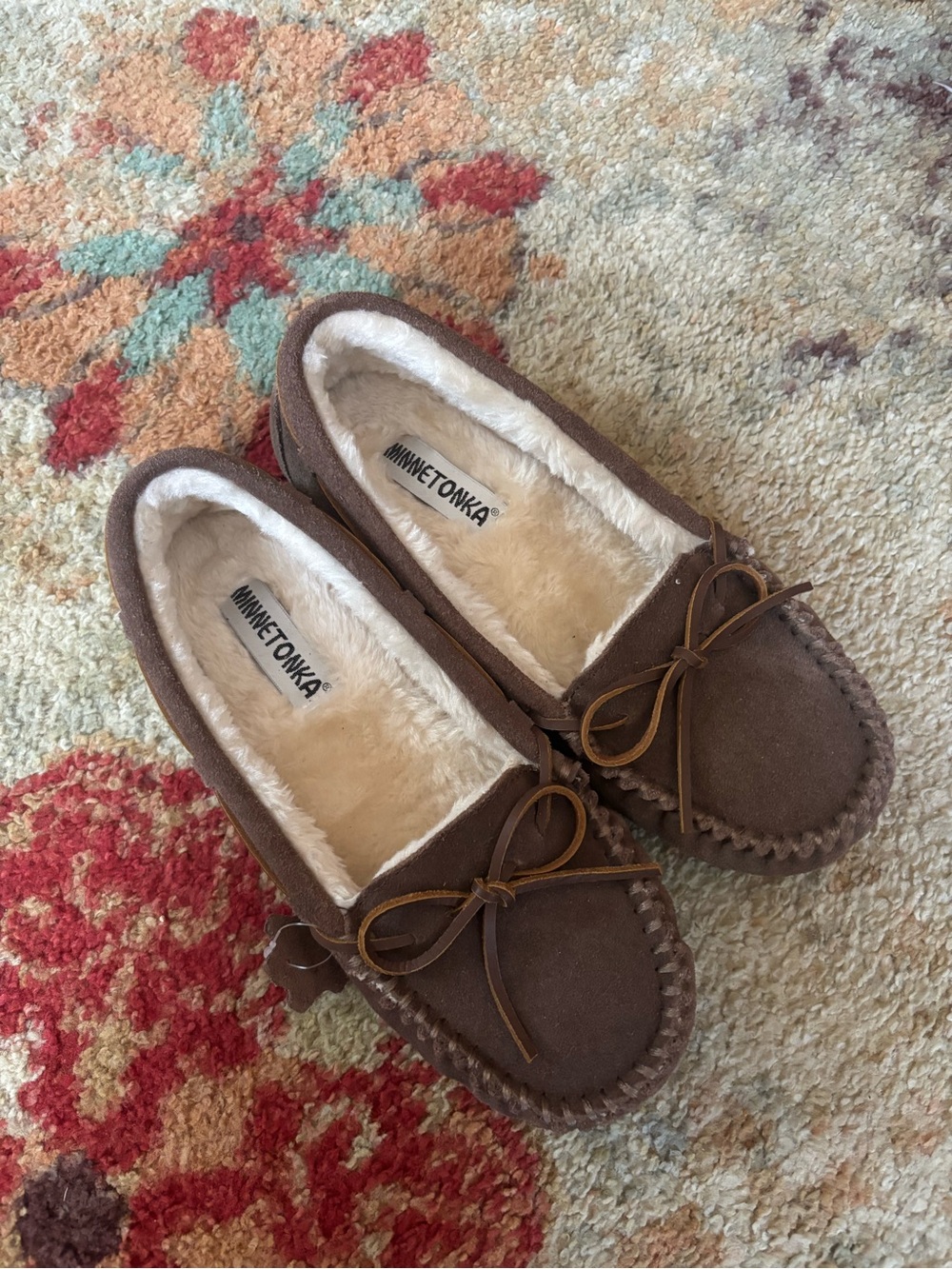 Minnetonka Brown Suede Moccasins with Bow Detail